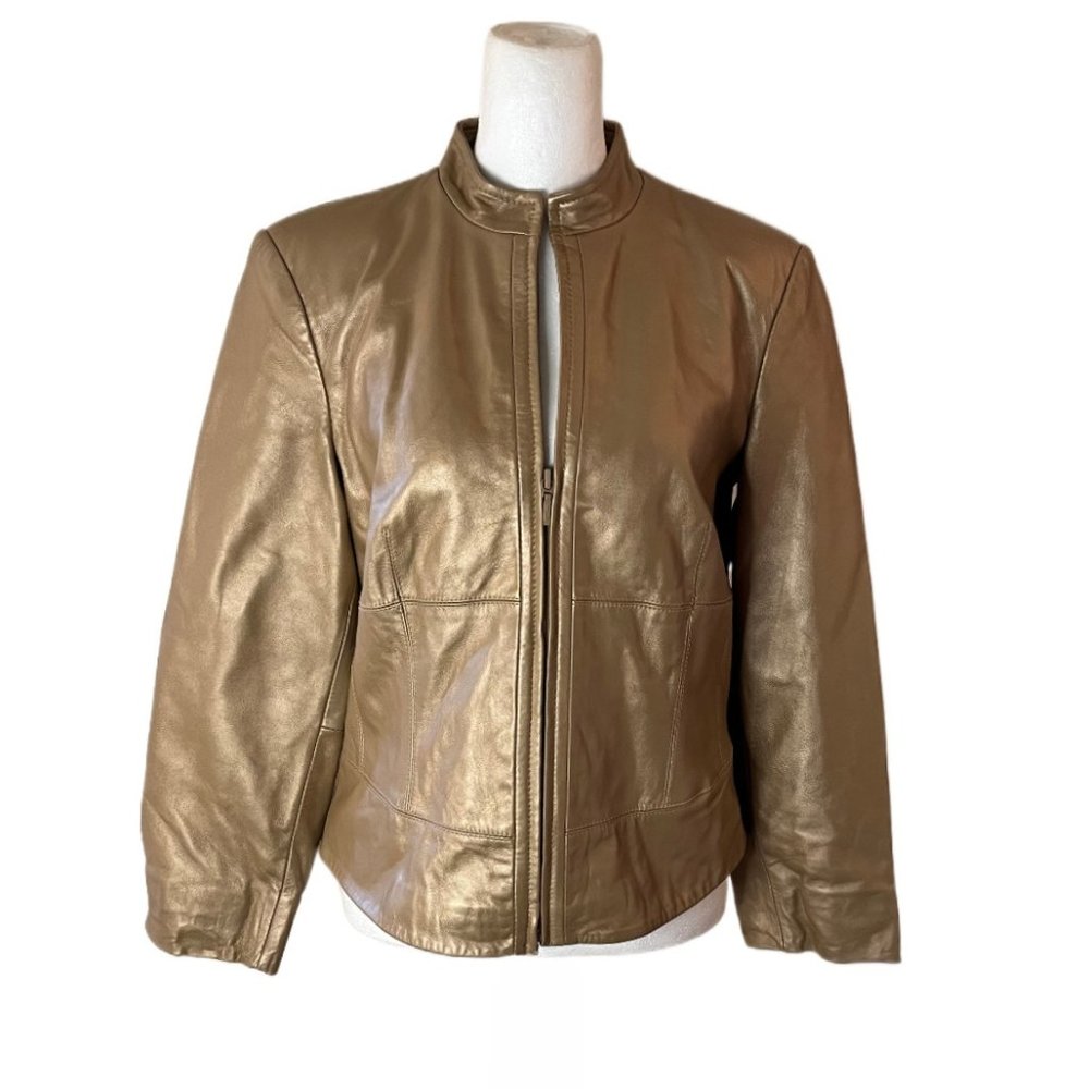 Yvonne Le Marie Gold Metallic Soft Lamb Leather Lined Jacket 3/4 Zip Size 6 - Picture 2 of 12